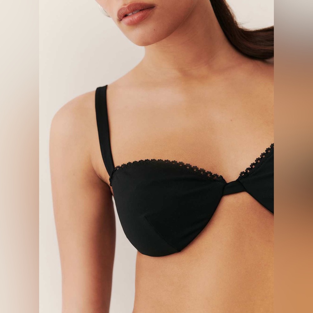 Reformation Black Lace-Trim Bikini Top